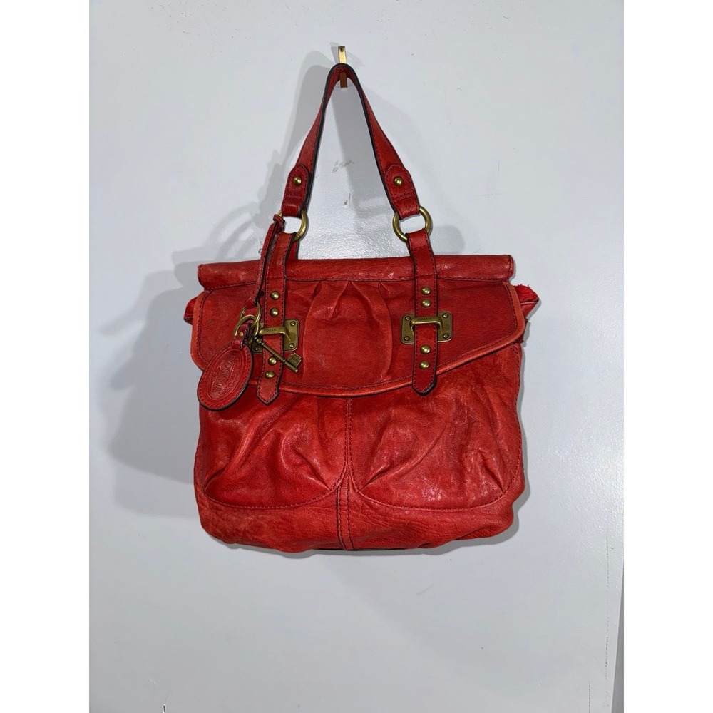 Fossil red leather satchel dowel top brass hardware with key and hang tag
